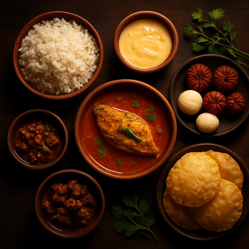 A spread of authentic Bengali dishes including fish curry, rice, and traditional sweets